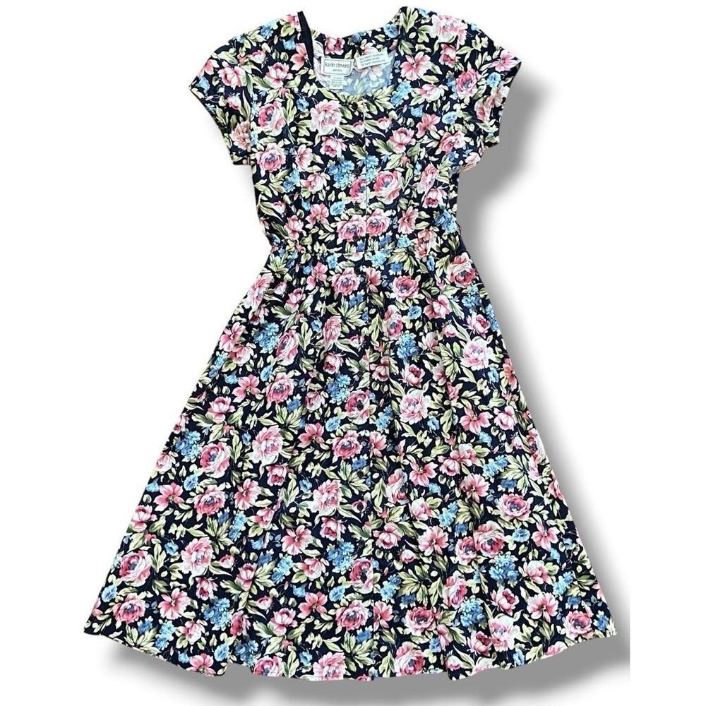 Vtg 90s Karin Stevens Floral Cotton Midi Dress Womens 14P Petite Fit Flare Black